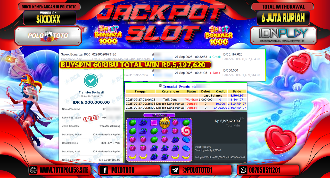 POLOTOTO JACKPOT SLOT SWEET BONANZA 1000 Rp.6.000.000,- LUNAS