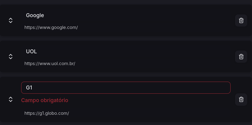 Cadastro de link com 2 caracteres
