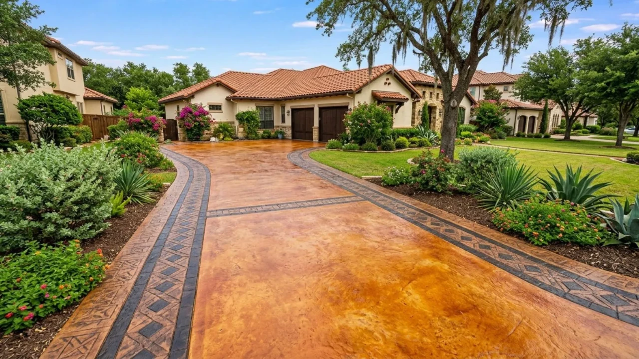 Stained concrete driveway with decorative border in San Antonio residential neighborhood