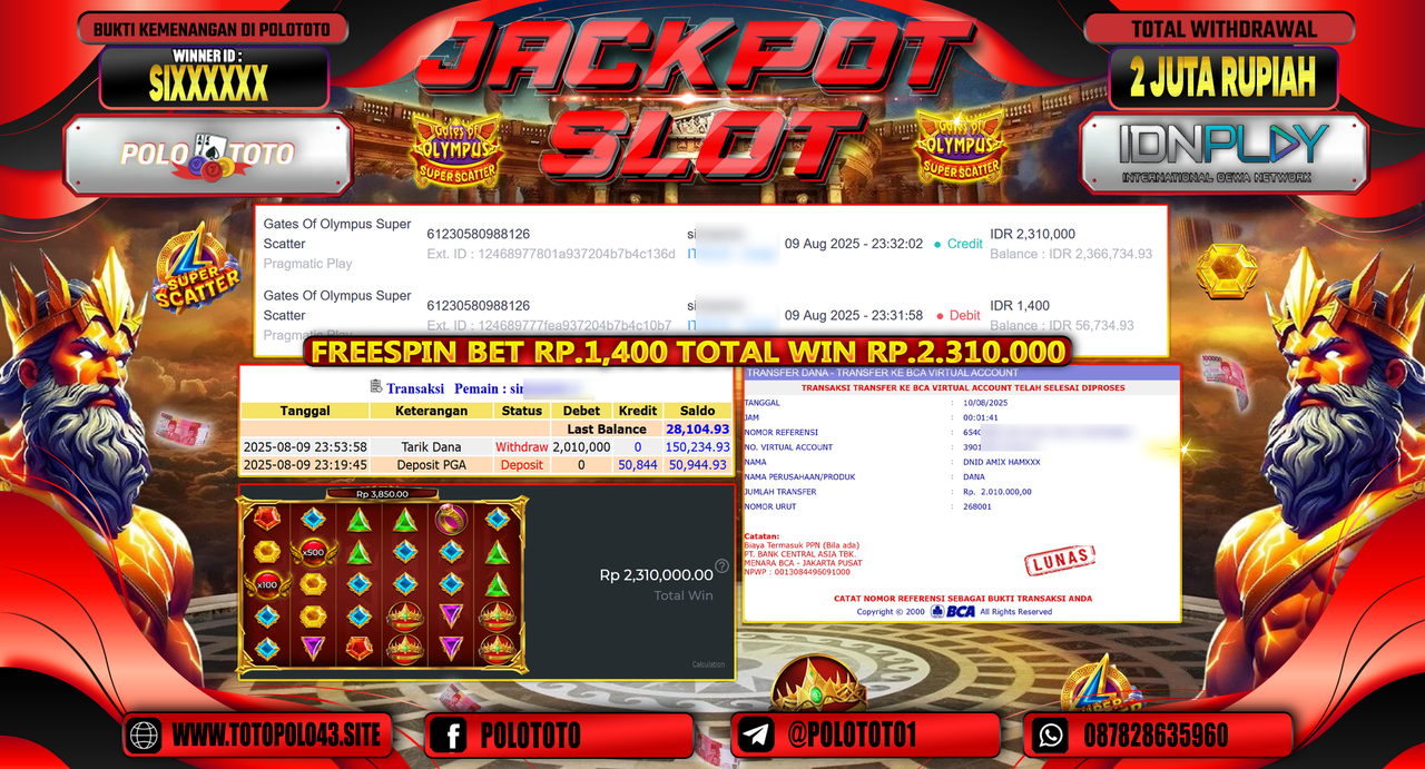 POLOTOTO JACKPOT SLOT GATES OF OLYMPUS SUPER SCATTER Rp.2.000.000,-LUNAS