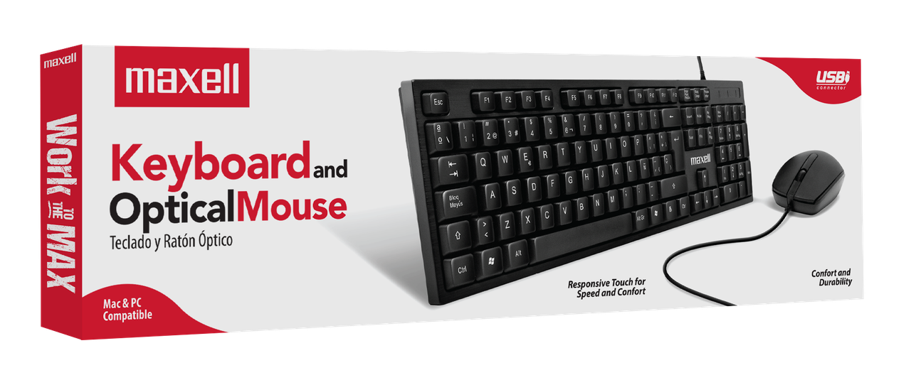 Una persona utilizando el combo de teclado y mouse Maxell en un escritorio de oficina.
