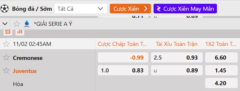 Tỷ lệ kèo US Cremonese vs Juventus