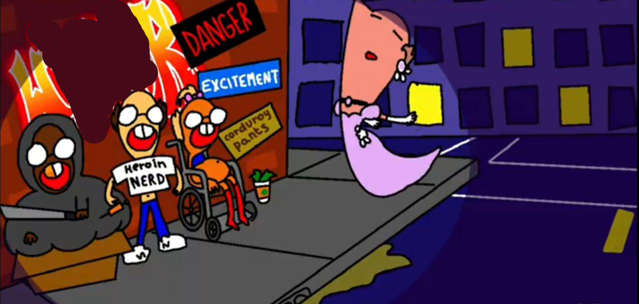 a censored version of the word graffiti'd on a wall behind some background stereotypical nerd characters