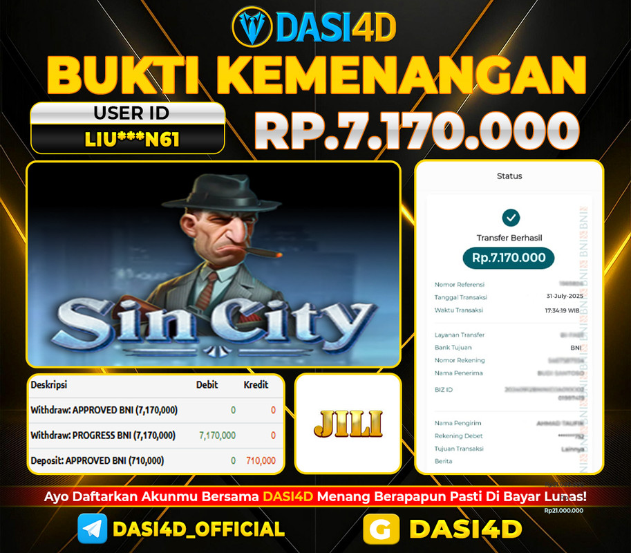 BUKTI KEMENANGAN 31 JULI DI SIN CITY RP 7.170.000