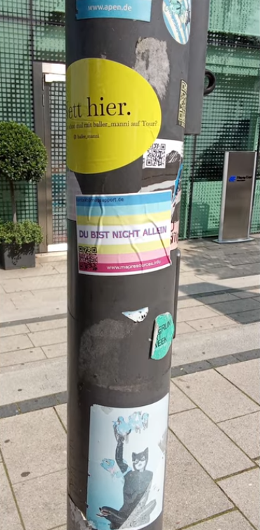 a sticker with the pedophile pride flag and the german text DU BIST NICHT ALLEIN meaning YOU ARE NOT ALONE with a qr code and two urls one for map support at the top of the sticker and one for map resources at the bottom
