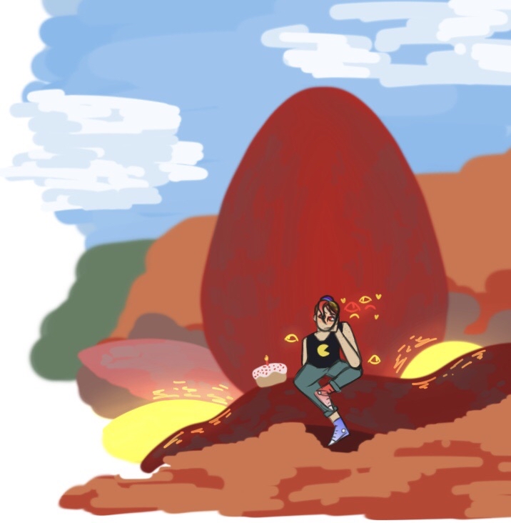 lil peach from the beginin of the Egg Shenanigans, hangin out with their best buddy the huge ominous egg yayyyy drawing of a large red eggt, surrounded by vines and lava. human-mode Peach is sitting with a cake on one of the vines