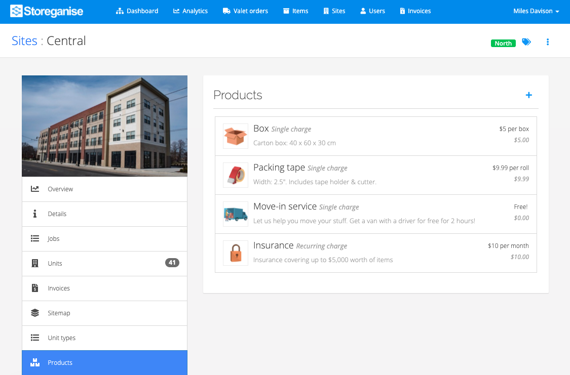 A screenshot of the self storage products and services configuration panel