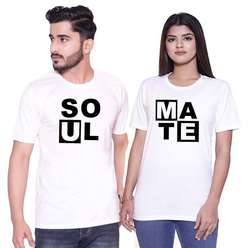 Sniggle Soul Mate Printed Round Neck White Couple T-shirts Pack of 2