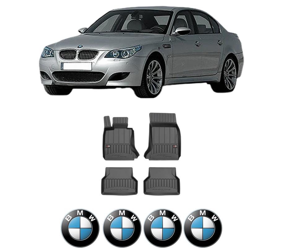 Set covorase presuri BMW Seria 5 (E60) din 2001-2010, auto, din cauciuc thermoplastic, 4 Stickere auto cu BMW Seria
