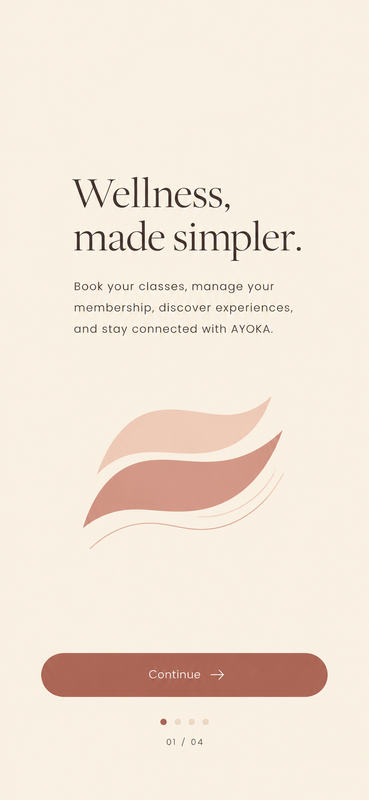 AYOKA onboarding screen introducing the studio