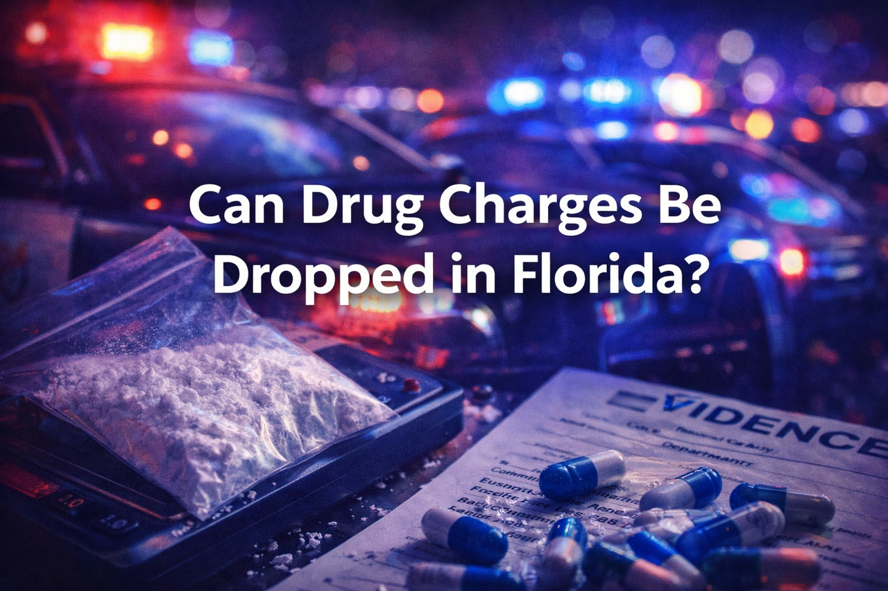 Police lights illuminating seized narcotics evidence during a drug arrest investigation in Florida