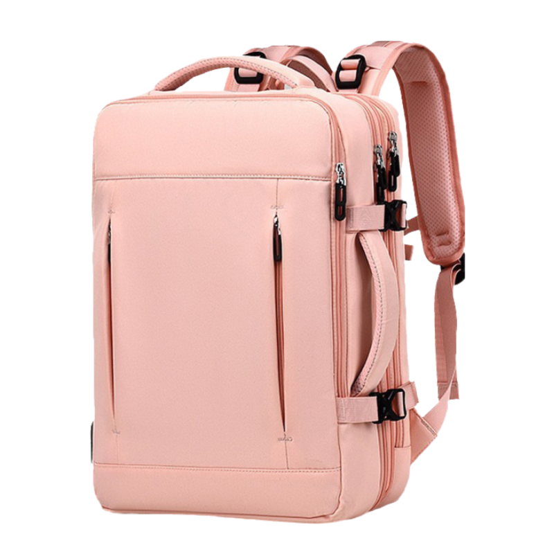 Pink Expandable Travel Laptop Backpack with USB Charging Port - Waterproof Nylon Business Bag with 11cm Depth Extension (45x32cm)