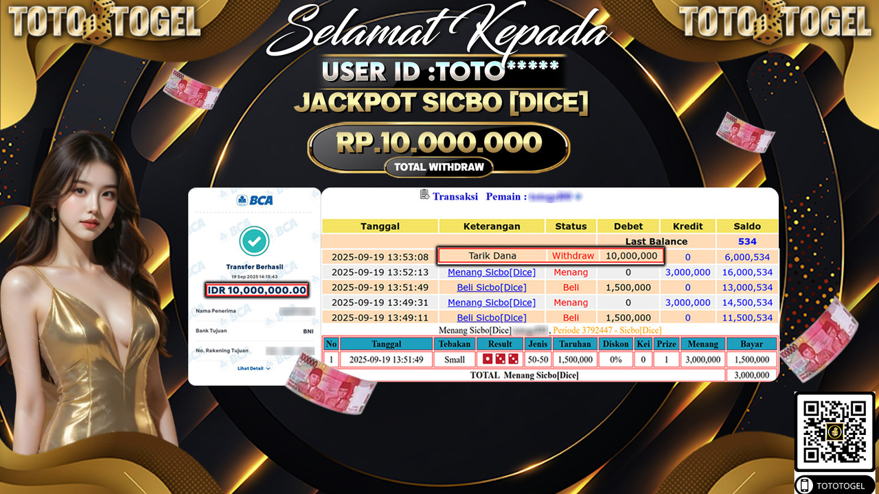 Bukti Pembayaran Jackpot Permainan Live Games Sicbo [Dice]  ID:TOTO*** LUNAS