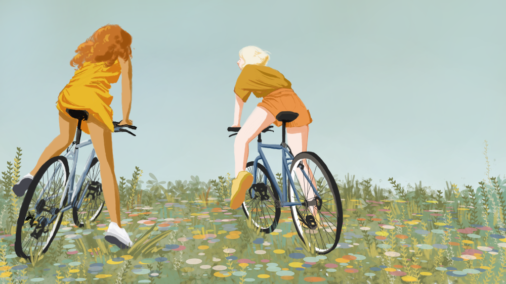 Rough digital drawing of two characters on bikes