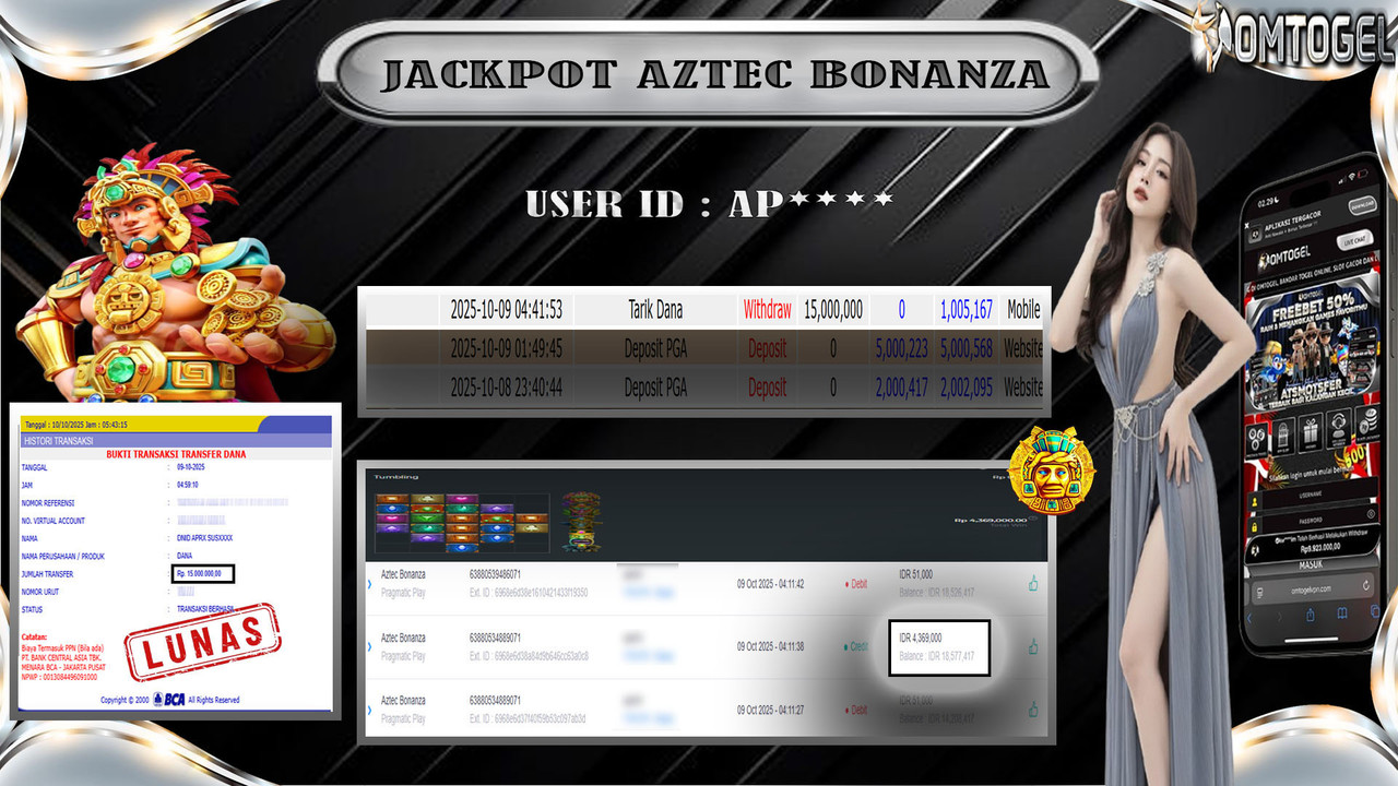 OMTOGEL JACKPOT PRAGMATIC PLAY AZTEC BONANZA 15 JUTA DI BAYAR LUNAS ,-