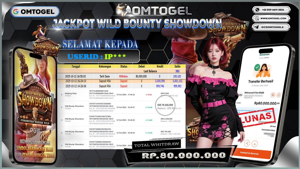 OMTOGEL JACKPOT PGSOFT WILD BOUNTY SHOWDOWN 80 JUTA DI BAYAR LUNAS ,-