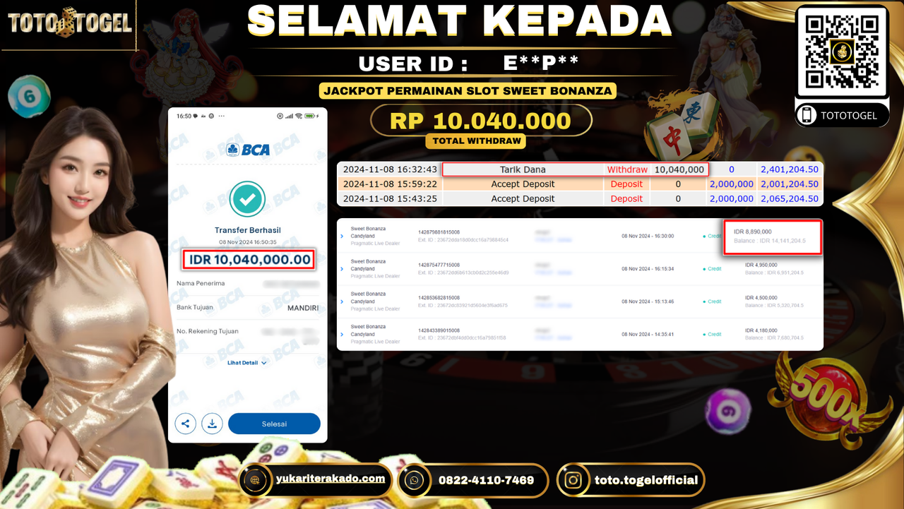 Bukti Pembayaran Jackpot Permainan Slot Sweet Bonanza Candyland ID:E**P** LUNAS 