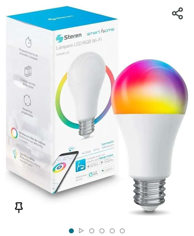 Amazon: Steren SHOME-120 Foco LED Wi-Fi multicolor, de 10W, 2.4 GHz, luz RGB, dimeable desde app, para socket E27, 
