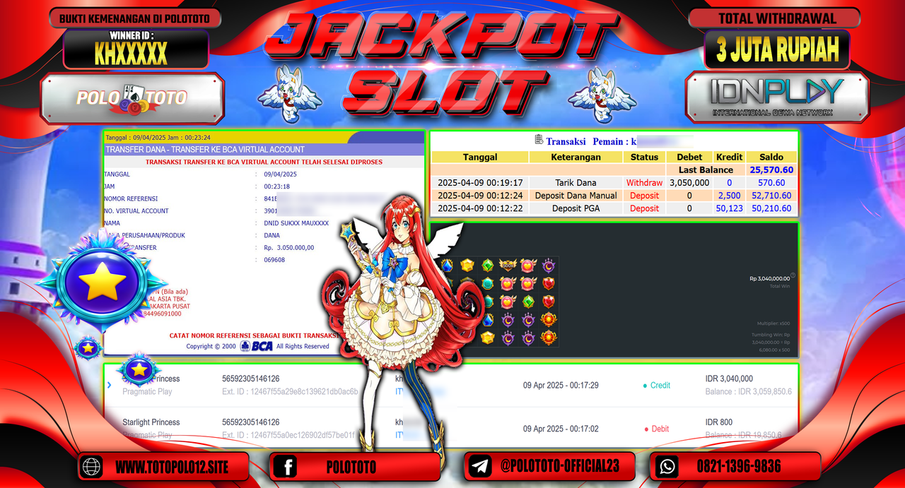 POLOTOTO JACKPOT SLOT STARLIGHT PRINCESS Rp.3.050.000,- LUNAS