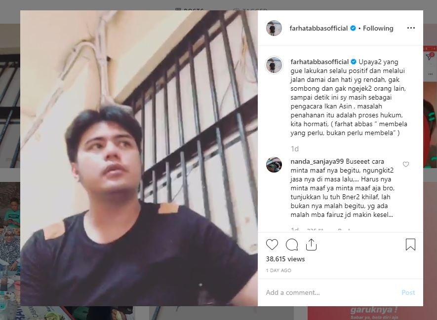 Video permintaan maaf Galih Ginanjar yang diunggah Farhat Abbas di akun instagramnya