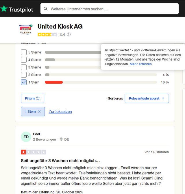 Trust Pilot-Bewertung United Kiosk