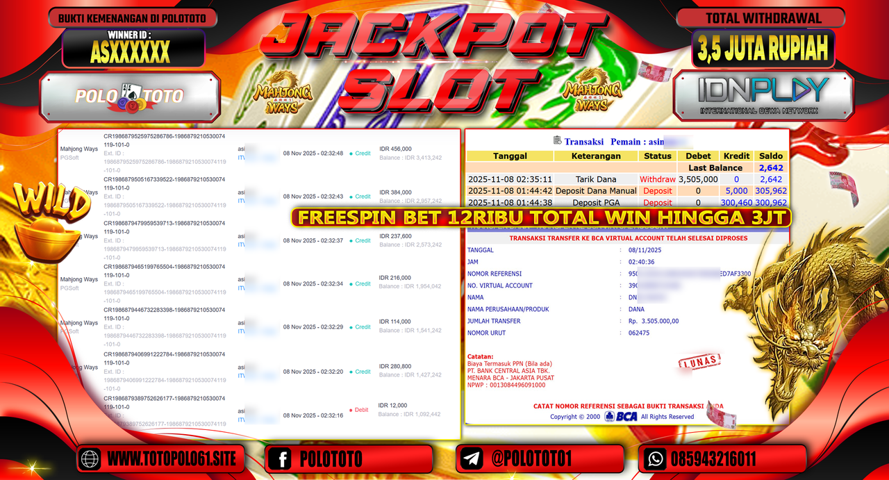 POLOTOTO JACKPOT SLOT MAHJONG WAYS Rp.3.500.000,- LUNAS