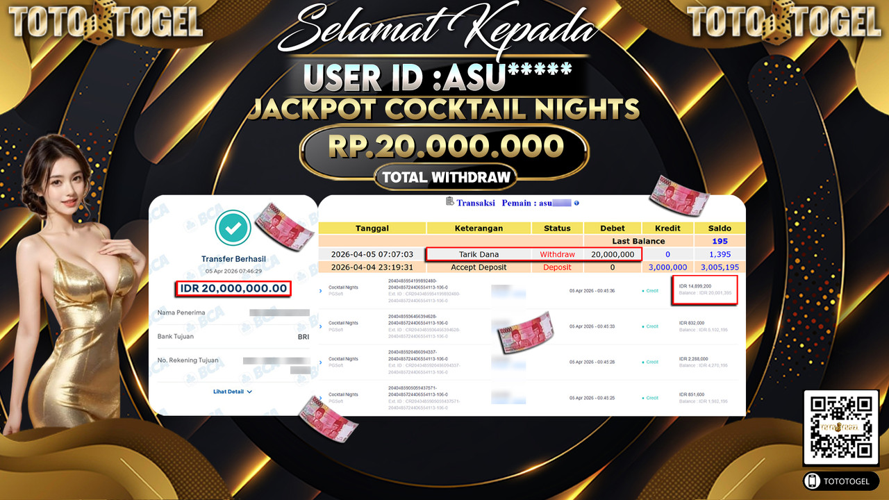 Bukti Pembayaran Jackpot Permainan Slot Cocktail Nights ID:ASU*****LUNAS