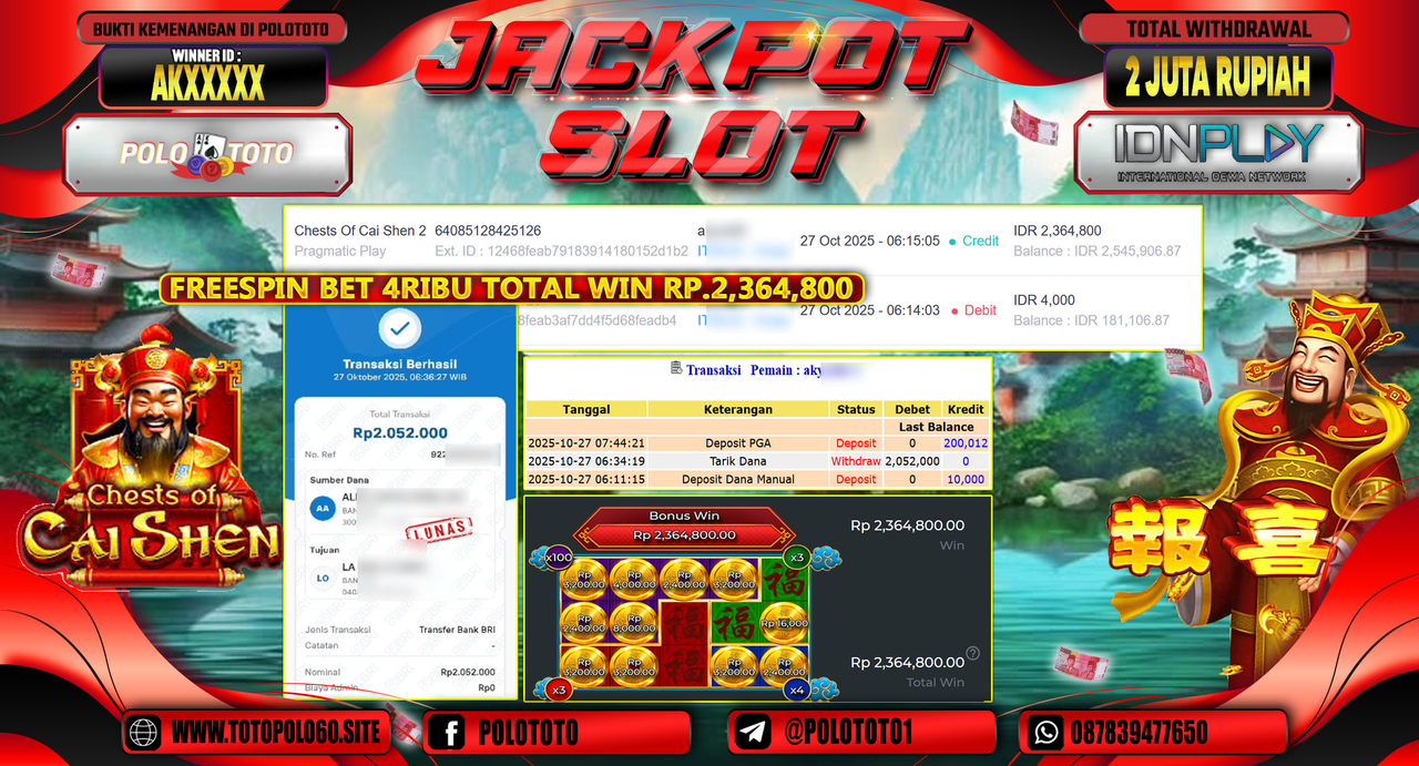 POLOTOTO JACKPOT SLOT CHESTS OF CAL SHEN 2 Rp.2.000.000,- LUNAS