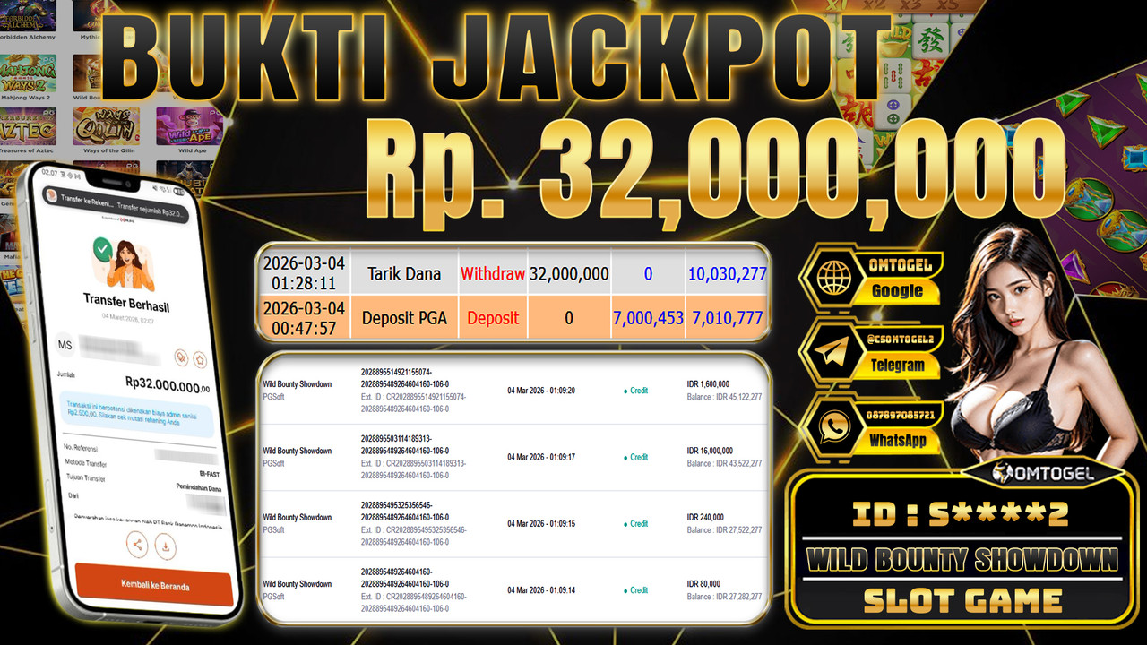OMTOGEL JACKPOT PGSOFT WILD BOUNTY SHOWDOWN, 32 JUTA DI BAYAR LUNAS ,-