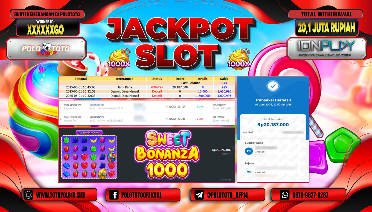 POLOTOTO JACKPOT SLOT SWEET BONANZA 1000 Rp.20.187.000,-