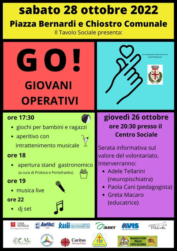 GO! Giovani Operativi: festa del volontariato, Giovedì 26 e sabato 28 ottobre GO! Giovani Operativi: festa del volontariato, Giovedì 26 e sabato 28 ottobre
