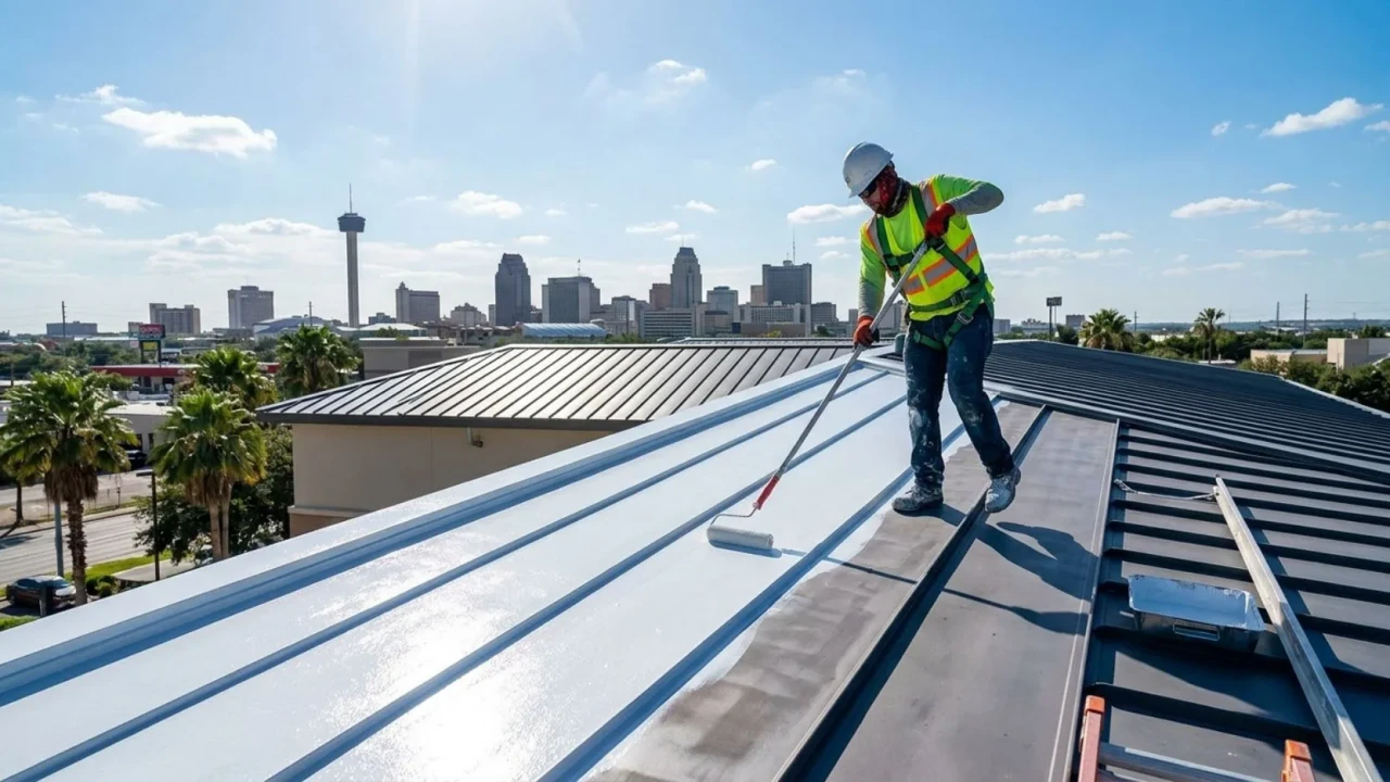 Light colored reflective metal roof coating being applied in San Antonio