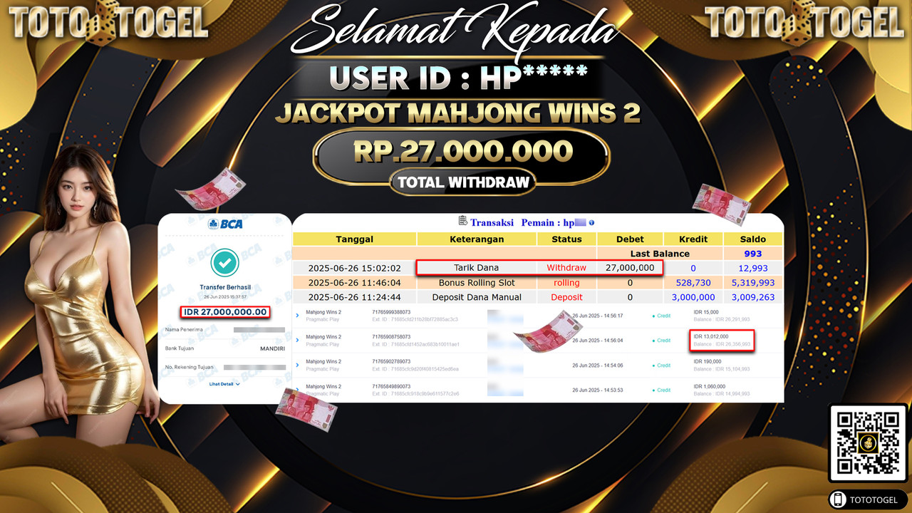 Bukti Pembayaran Jackpot Permainan Slot Mahjong Wins 2 ID:HP***** LUNAS