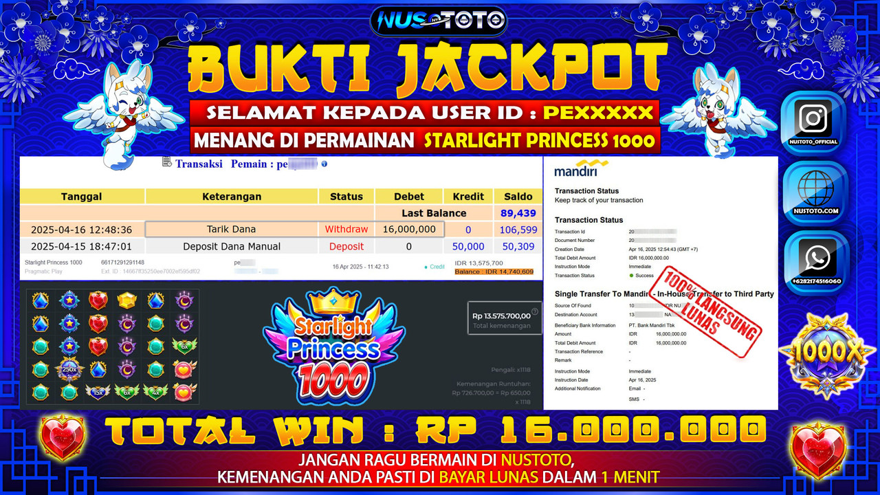 JACKPOT !! MENANG BESAR DI SLOT STARLIGHT PRINCESS 1000 Rp. 16.000.000 LANGSUNG DI BAYAR LUNAS NUSTOTO !!