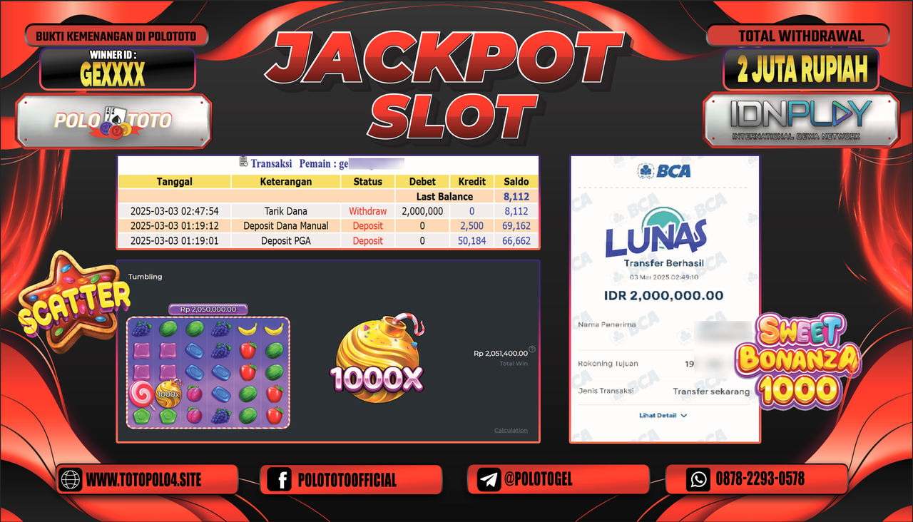 POLOTOTO JACKPOT SLOT SWEET BONANZA 1000 Rp.2.000.000,-