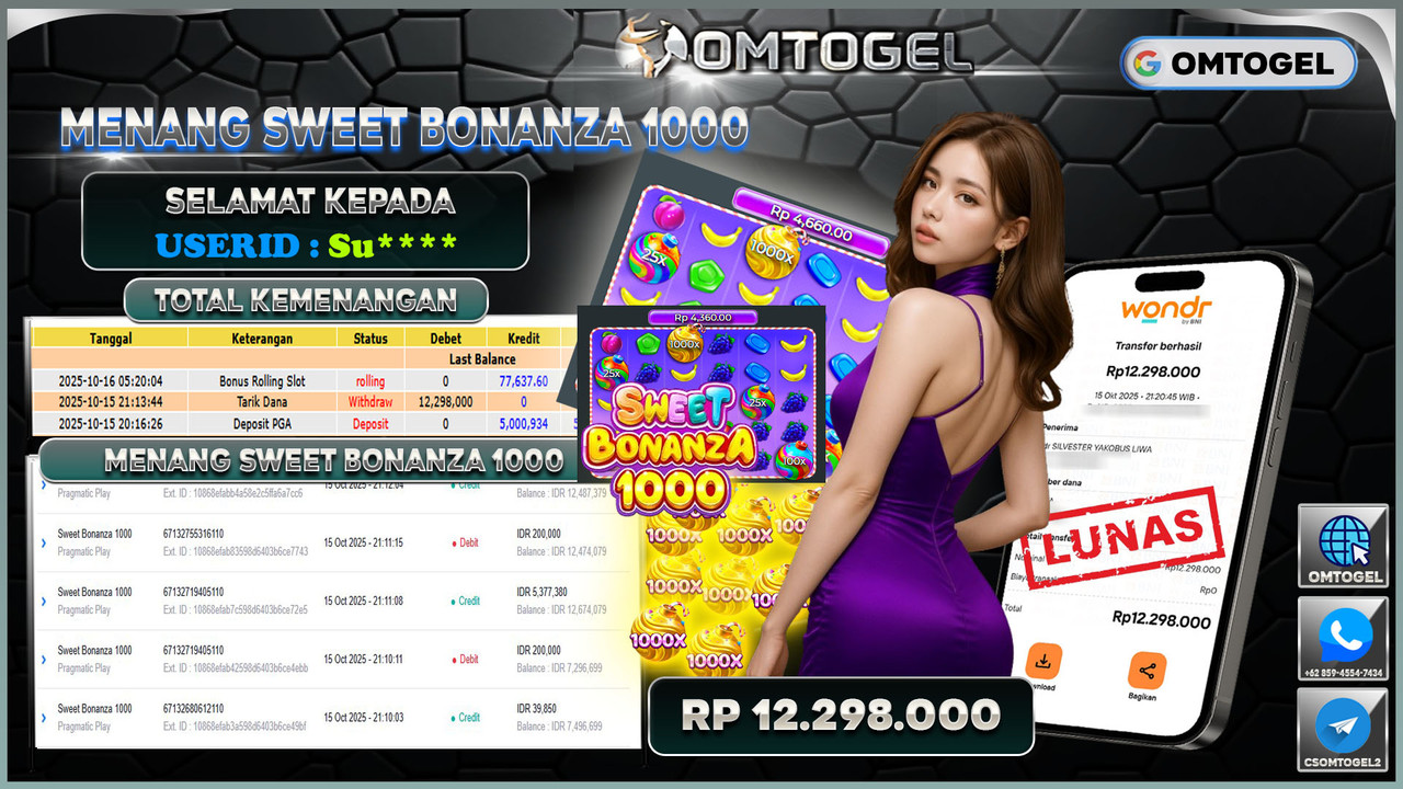 OMTOGEL JACKPOT PRAGMATIC PLAY SWEET BONANZA 1000 12 JUTA DI BAYAR LUNAS ,-