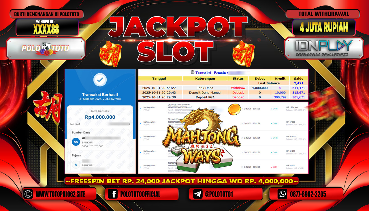 POLOTOTO JACKPOT SLOT MAHJONG WAYS Rp.4.000.000,- LUNAS