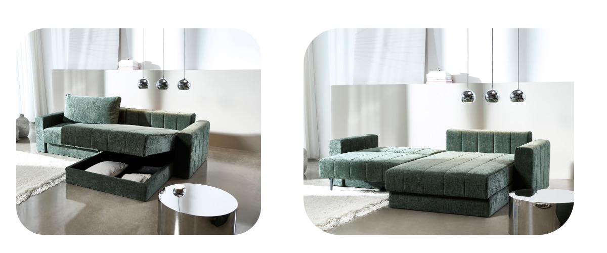 Akello Lounger Innovation Living déployé — coffre de rangement ouvert sous l'assise, capacité couette et oreillers — Déco Éléments Paris 18e
