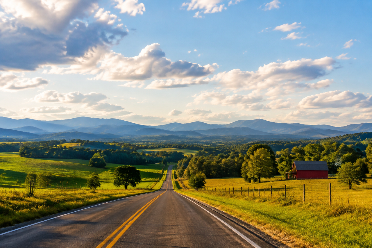 A golden highway through open American countryside