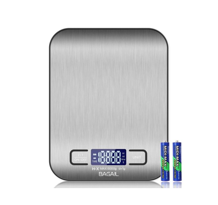 Peso digital de cocina con superficie de vidrio templado y pantalla LCD.