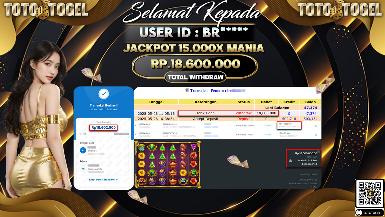 Bukti Pembayaran Jackpot Permainan Slot 15.000X Mania ID:BR***** LUNAS