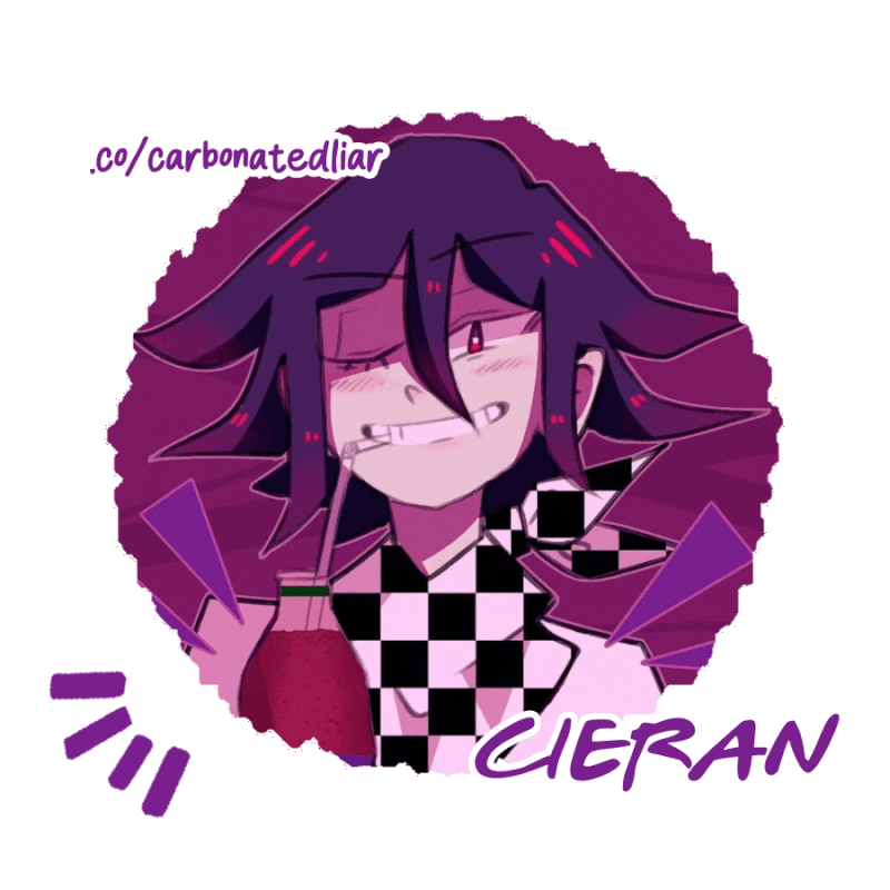 A circular gif with an image of Ouma Kokichi smiling smugly and drinking soda from a bottle through a straw. The image is outlined in white. On the upper left is purple text reading ".co/carbonatedliar" outlined in white. In the lower left corner is purple text reading "Cieran" outlined in white. Three purple decorative excitement lines outlined in white flicker from the lower left to the upper right.