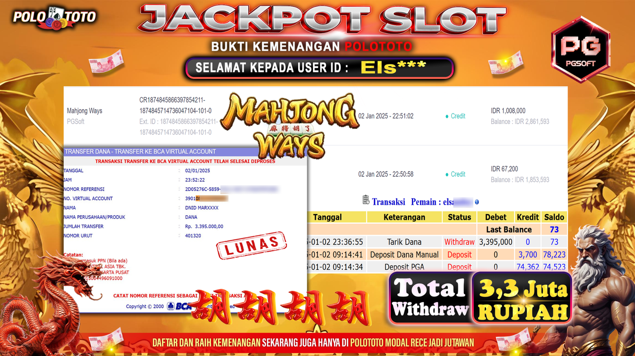 POLOTOTO JACKPOT SLOT MAHJONG WAYS Rp.3,395.000,-