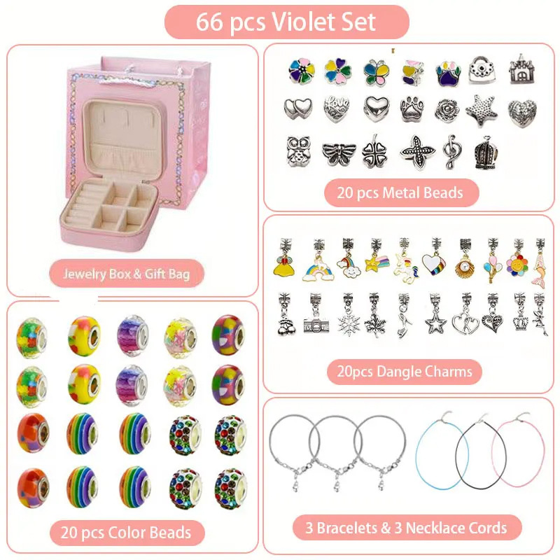 66-Piece Colorful Gift Bag Craft Set (Includes Beads, Charms, and Storage Case) -Unicorn DIY Bracelet Kit – Creative Jewelry Making Gift for Girls Ages 3+