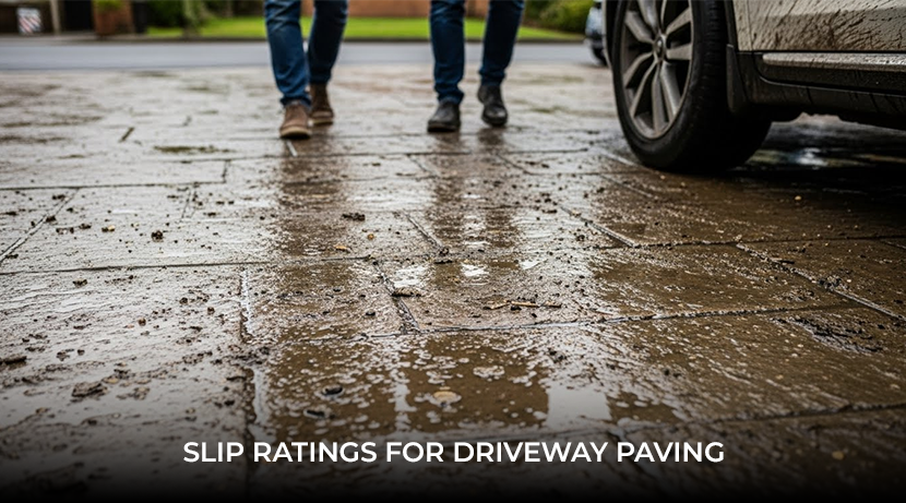 People walking on a dirty Indian sandstone driveway with mud and tyre marks