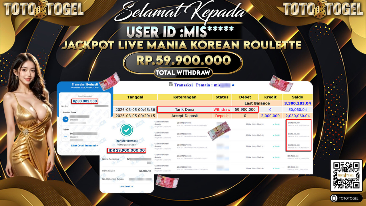 Bukti Pembayaran Jackpot Permainan Pragmatic Live Mania Korean Roulette ID:MIS*****LUNAS