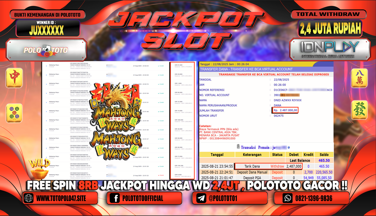 POLOTOTO JACKPOT SLOT MAHJONG WAYS Rp.2.487.000,-
