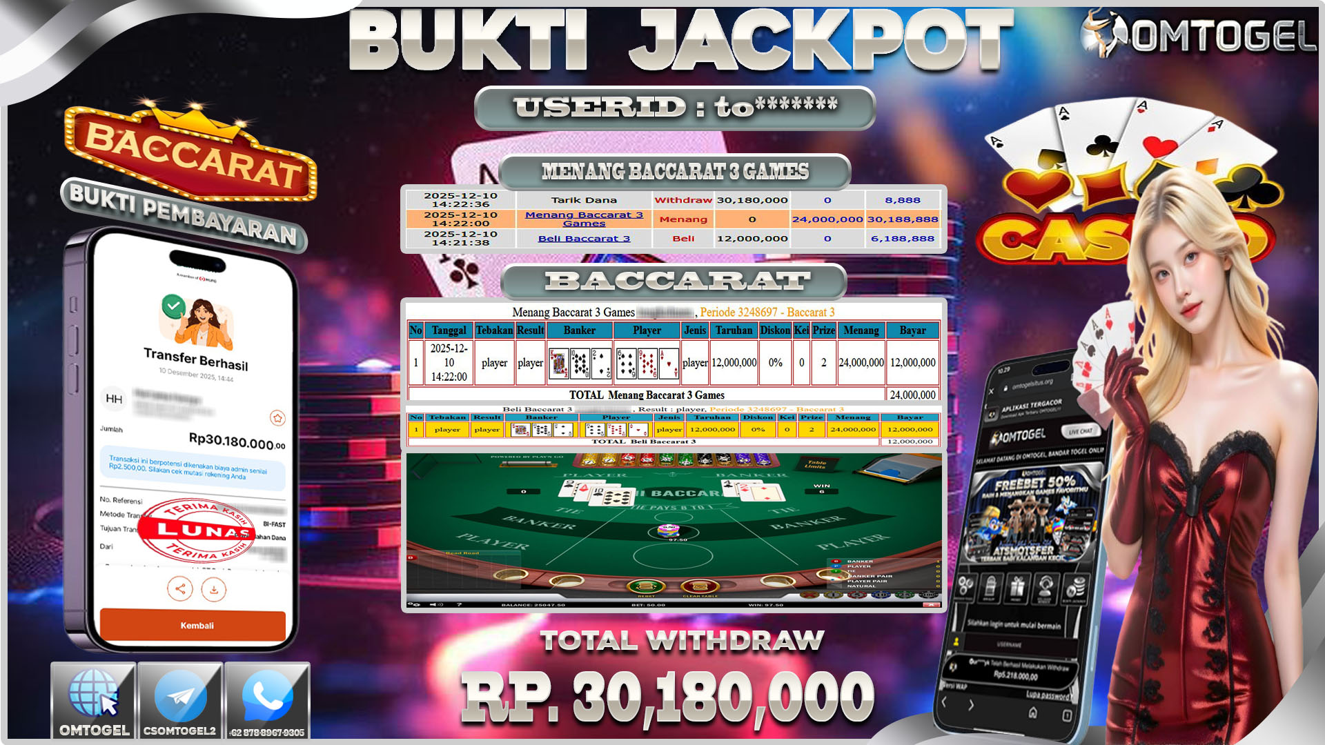 OMTOGEL JACKPOT LIVE GAMES BACCARAT,30 JUTA DI BAYAR LUNAS ,-