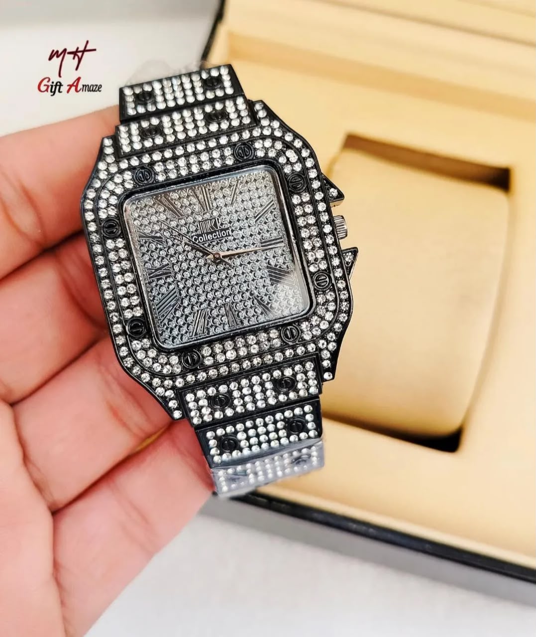 Luxury Rhinestone White & Gold Watch Front View