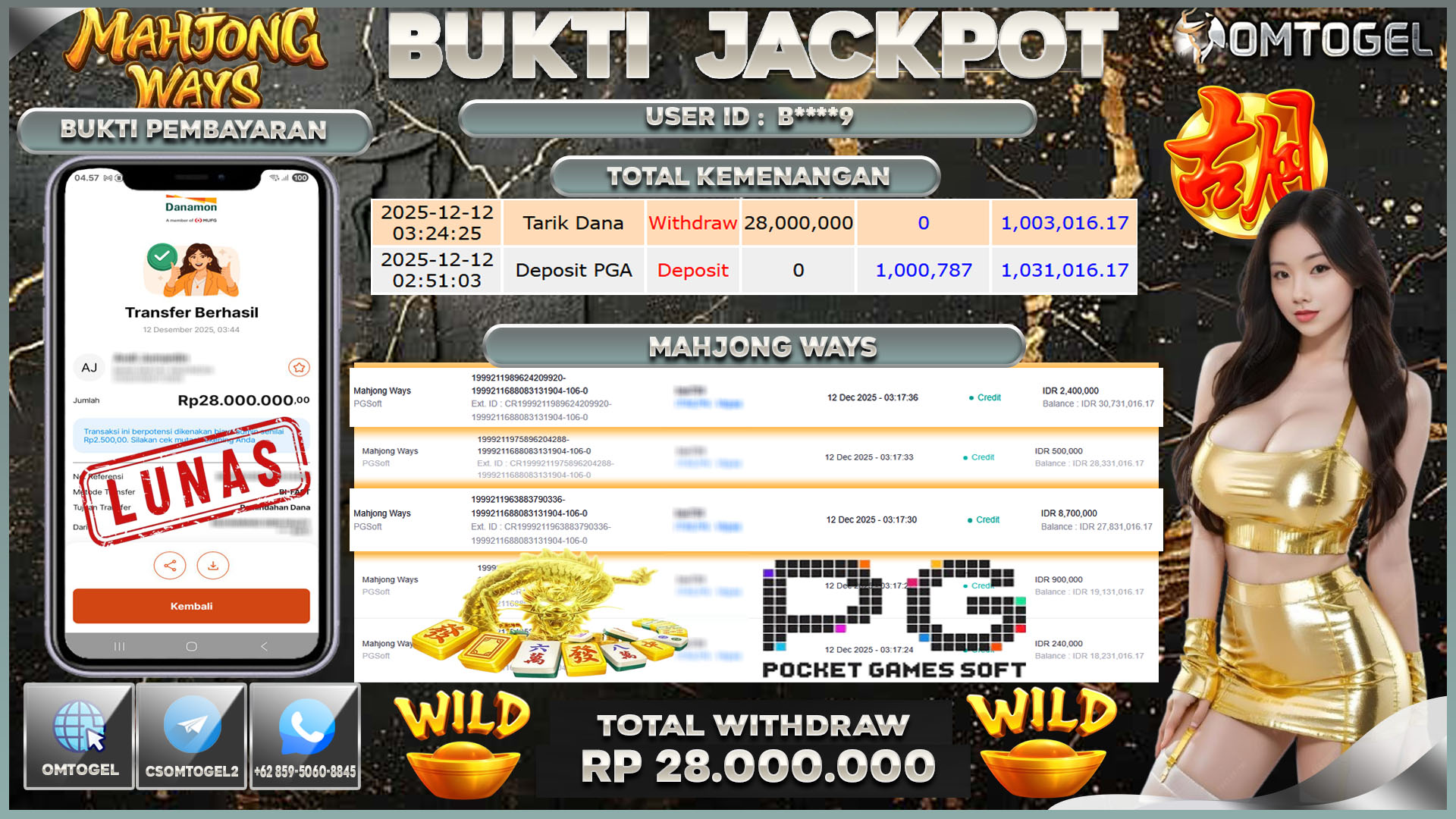 OMTOGEL JACKPOT PG SOFT MAHJONG WAYS ,28 JUTA DI BAYAR LUNAS ,-